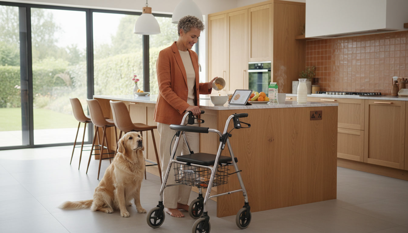 Person preparing breakfast independently using assistive support.